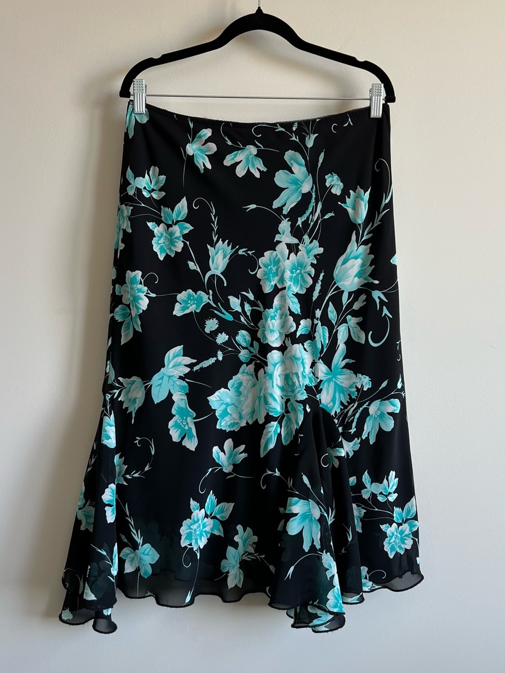 Black Floral A-Line Midi Skirt with Teal Flowers Whimsigoth / Dark Romantic Skir